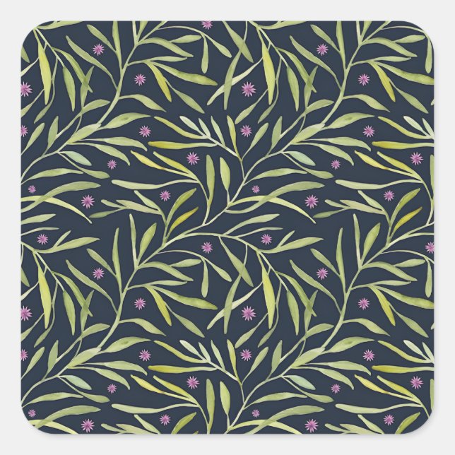 Sticker Carré Feuilles de vignes vertes sereines avec fleurs ros (Devant)