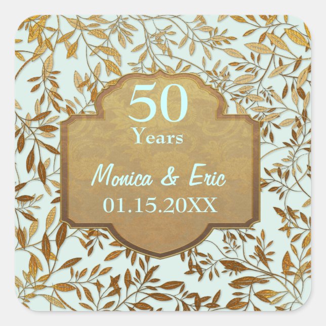 Sticker Carré Feuilles d'or 50e anniversaire Mariage (Devant)