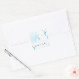 Sticker Carré Feuilles et croix de couleur bleu communion