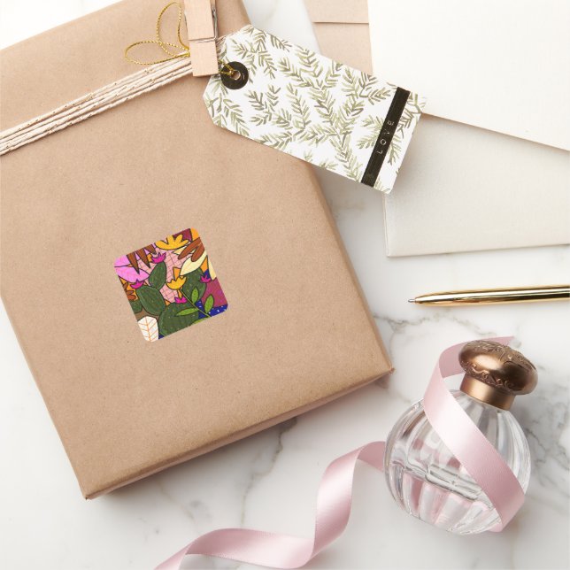 Sticker Carré Feuilles et fleurs tropicales abstraites  (Cadeaux)