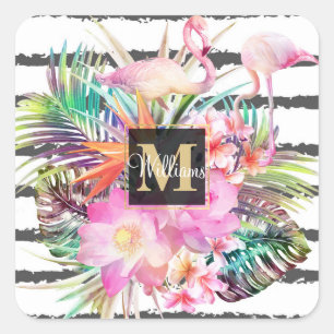 Sticker Carré feuilles floraux tropicaux et rayures de flamants 