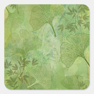 Sticker Carré Feuilles Ginkgo et Bambou - Couleurs vertes