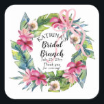 Sticker Carré Feuilles tropicaux | Brunch nuptial rose<br><div class="desc">Belle aquarelle fleurie hibiscus nuptiale Brunch design avec une végétation tropicale luxuriante et un arc rose à boucle multiple.</div>