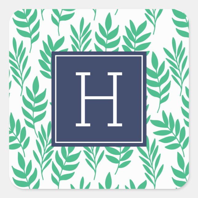 Sticker Carré Feuilles verts et Monogramme bleu (Devant)