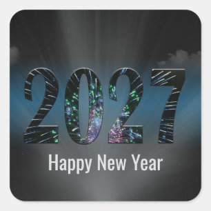 Sticker Carré Feux d'artifice du Nouvel An 2027 avec des nuages