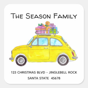 Sticker Carré Fiat 500 Retro Jaune avec cadeaux de Noël