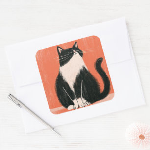 Sticker Carré Fier Minimaliste Chat Tuxedo sur Orange