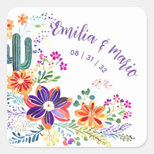 Sticker Carré FIESTA Cactus Folkart Fleurs Personnalisé