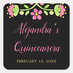 Sticker Carré Fiesta florale Quinceanera d'or noir