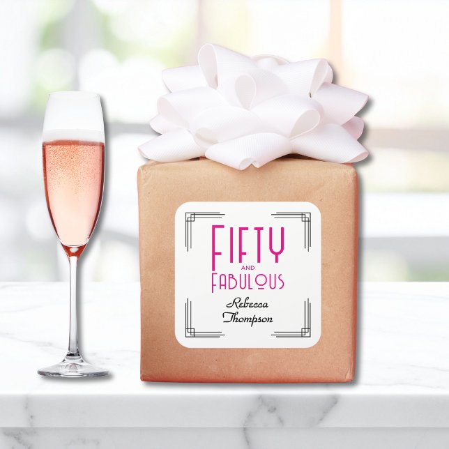 Sticker Carré Fifty and Fabulous Hot Pink Art Deco 50th Birthday (Fifty and Fabulous Hot Pink Art Deco 50th Birthday Square Sticker with Her Name, Art Deco Corners.)