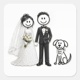 Sticker Carré Figures de mariés avec chien de témoin