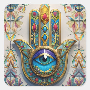 Sticker Carré Filigree couleur or bleu-vert troisième oeil Hamsa