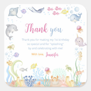 Sticker Carré Fille 1er anniversaire aquarelle sous la mer 
