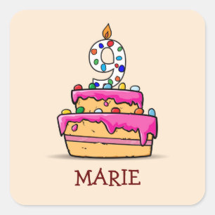 Sticker Carré Fille 9e anniversaire, 9 sur Gâteau rose doux