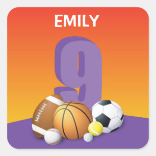 Sticker Carré Fille 9e anniversaire des balles de sport