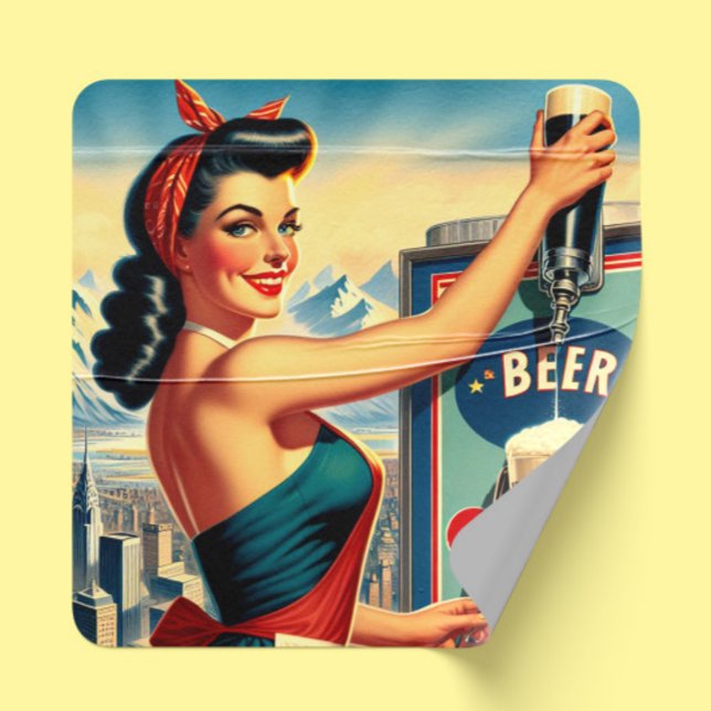 Sticker Carré Fille à bière rétro (Créateur téléchargé)