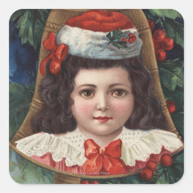 Sticker Carré Fille à Santa Hat dans Bell (Devant)