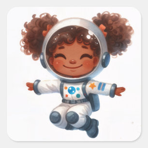Sticker Carré Fille afro-américaine astronaute avec des afro-pou