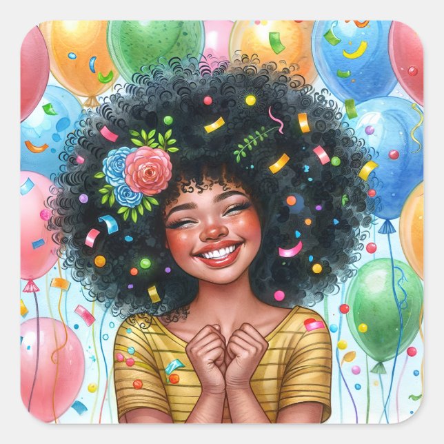 Sticker Carré Fille Afro Anniversaire Avec Aquarelle Peau Brown (Devant)