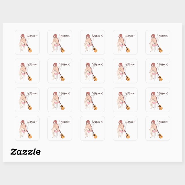 Sticker Carré Fille Anime Assise avec chat & Notes de Musique –  (Feuille)