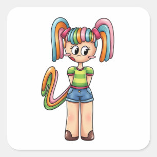 Sticker Carré Fille Anime Chibi Arc-en-Ciel Bonbon Cheveux Color