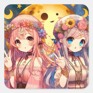Sticker Carré Fille Anime Hippie Lune Filles Faisant Signe de Pa