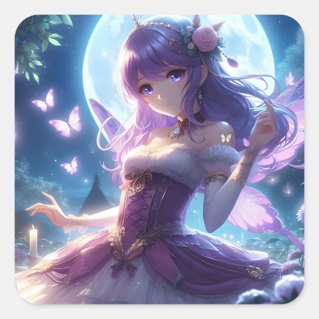 Sticker Carré Fille Anime Papillon Violet Aile Lune Fée  (Devant)