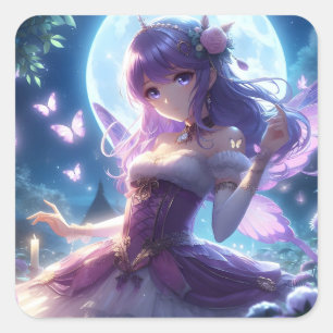 Sticker Carré Fille Anime Papillon Violet Aile Lune Fée