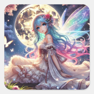 Sticker Carré Fille Anime Princesse Fée de la Lune dans un Jardi
