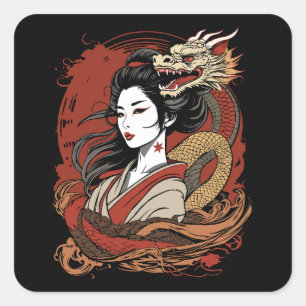 Sticker Carré Fille asiatique Dragon chinois