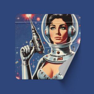 Sticker Carré Fille astronaute de science-fiction vintage