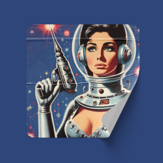 Sticker Carré Fille astronaute de science-fiction vintage (Créateur téléchargé)