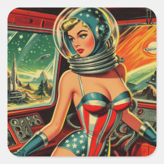 Sticker Carré Fille astronaute rétro