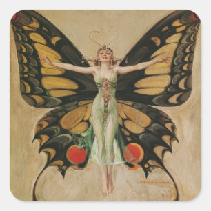Sticker Carré Fille au papillon de Leyendecker Art Déco vintage