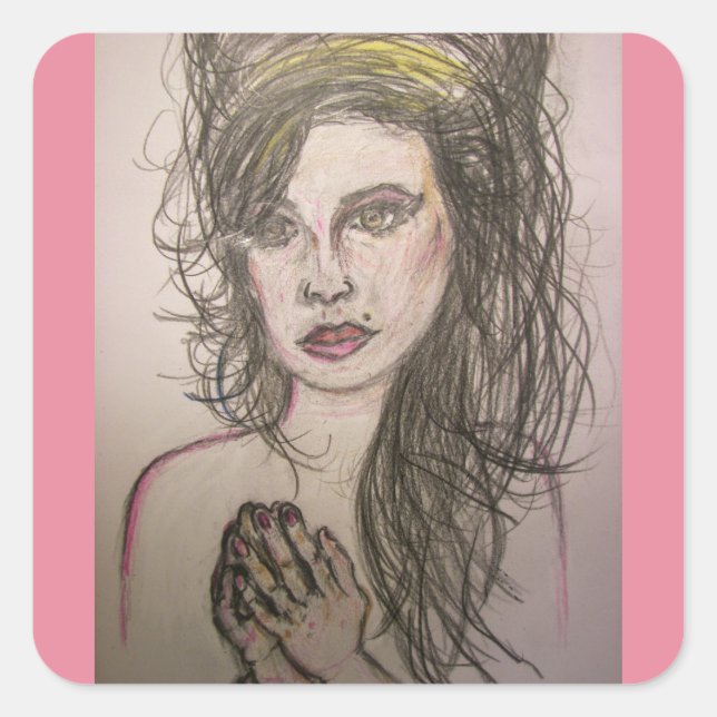 Sticker Carré fille aux cheveux de ruche priant (Devant)