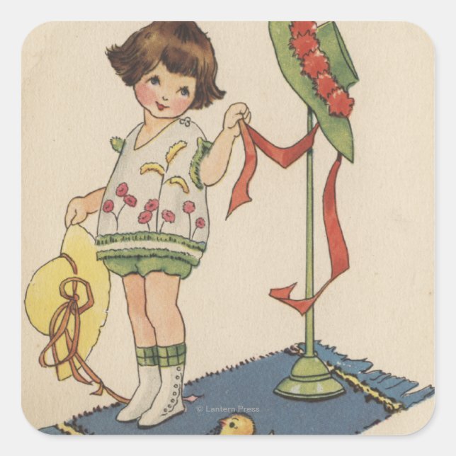 Sticker Carré Fille avec Casquette jaune et poussette (Devant)