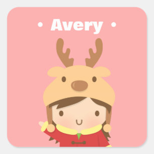 Sticker Carré Fille avec chapeau de renne mignon Enfants Christm