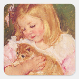 Sticker Carré Fille avec Kitten, Mary Cassatt