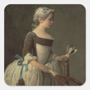 Sticker Carré Fille avec la raquette et le chiot