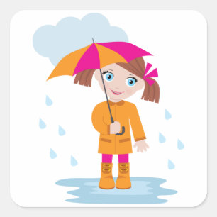 Sticker Carré Fille avec parapluie sous la pluie Enfants Jour pl