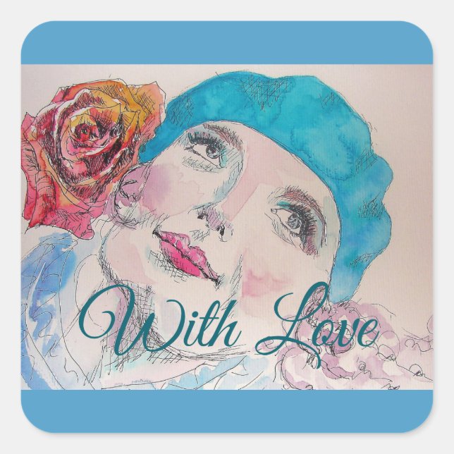 Sticker Carré Fille avec Rose rouge Beret Aquarelle (Devant)