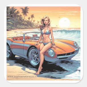 Sticker Carré Fille avec voiture de sport