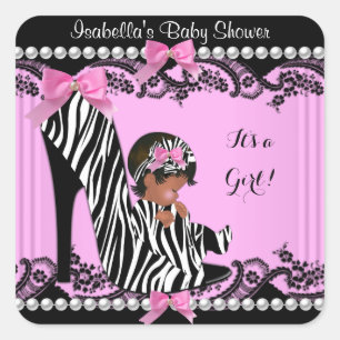Sticker Carré Fille Baby shower afro-américaine Hot rose Zebra 3