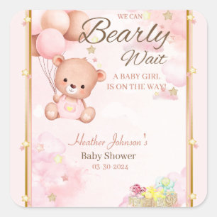 Sticker Carré Fille Baby shower ours