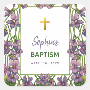 Sticker Carré Fille Baptême Violet Floral Purple Green Croix d'o