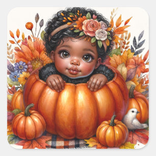 Sticker Carré Fille Bébée Noire En Automne Citrouille