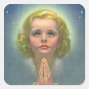 Sticker Carré Fille blonde angélique avec halo et étoiles priant