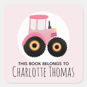 Sticker Carré Fille Ce Livre Appartient Pink Tractor Kids Bookpl