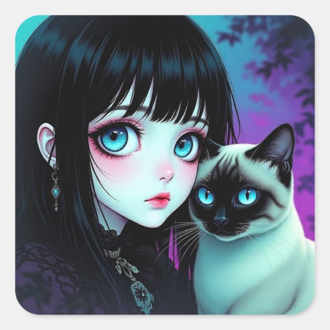 Sticker Carré Fille d'anime et chat siamois (Devant)