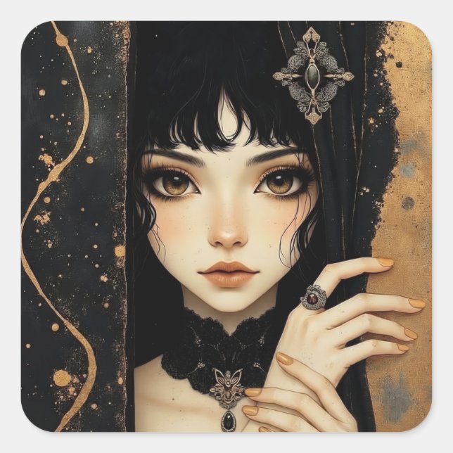 Sticker Carré Fille d'anime gothique noir et or (Devant)